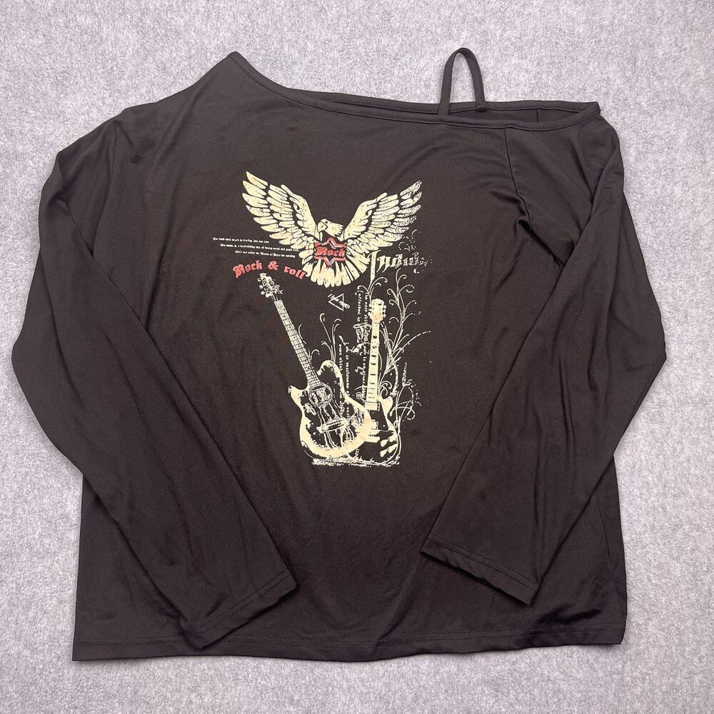 rock roll graphic one shoulder top black large